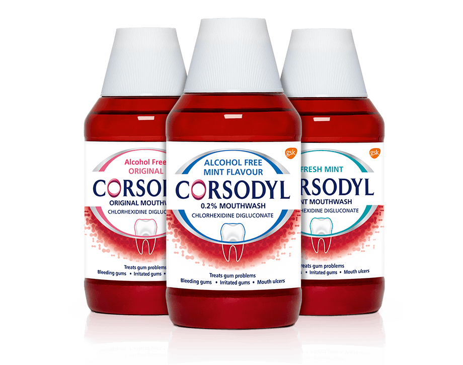 Three bottles of Corsodyl Daily Mouthwash, including icy mint, fresh mint and cool mint.