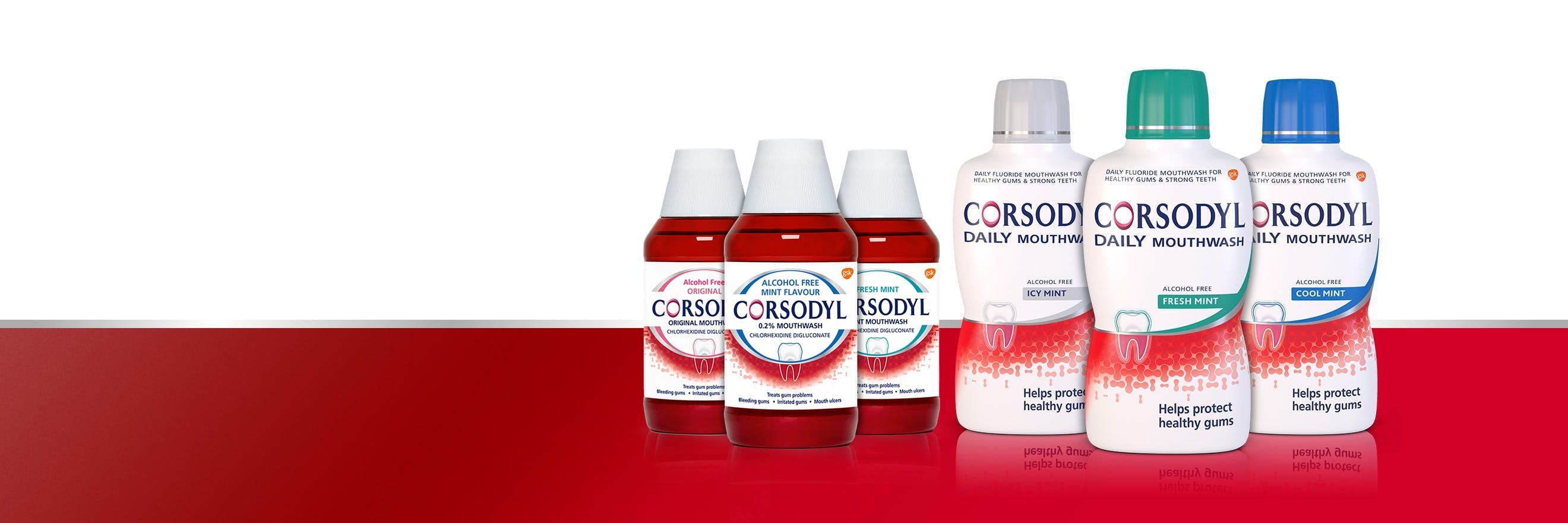 Six bottles of Corsodyl mouthwash and Corsodyl Daily Mouthwash, including original, alcohol free, and mint
