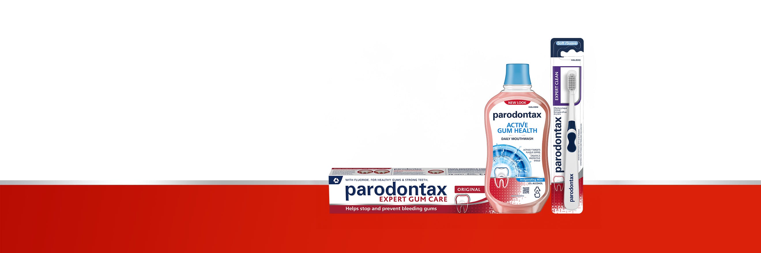 parodontax toothpaste, toothbrush and mouthwash.