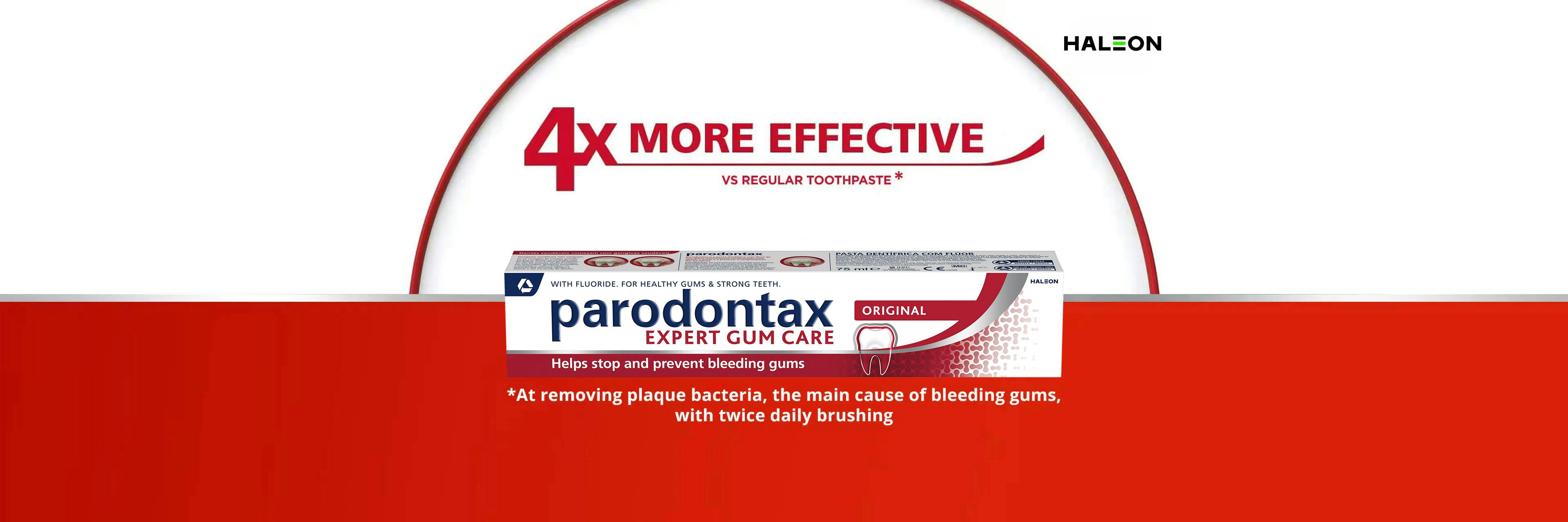 4x More Effective* Vs regular toothpaste, *at removing plaque bacteria, the main cause of bleeding gums