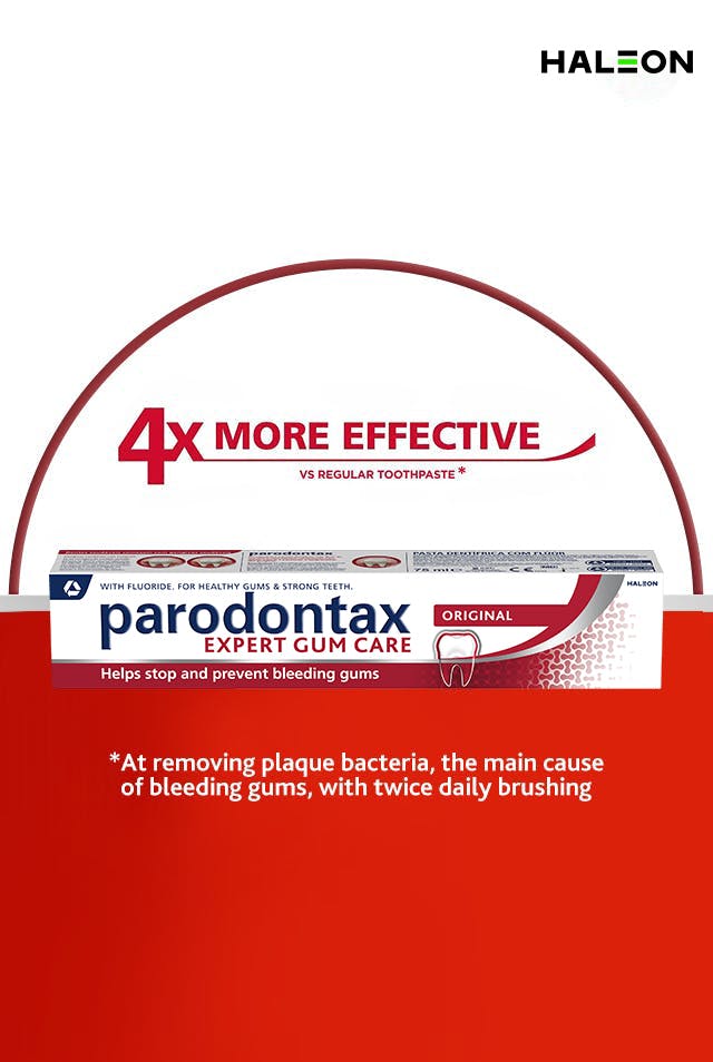 4x More Effective* Vs regular toothpaste, *at removing plaque bacteria, the main cause of bleeding gums