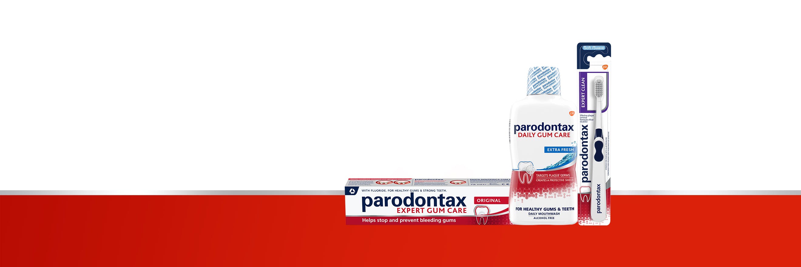 parodontax toothpaste, toothbrush and mouthwash.