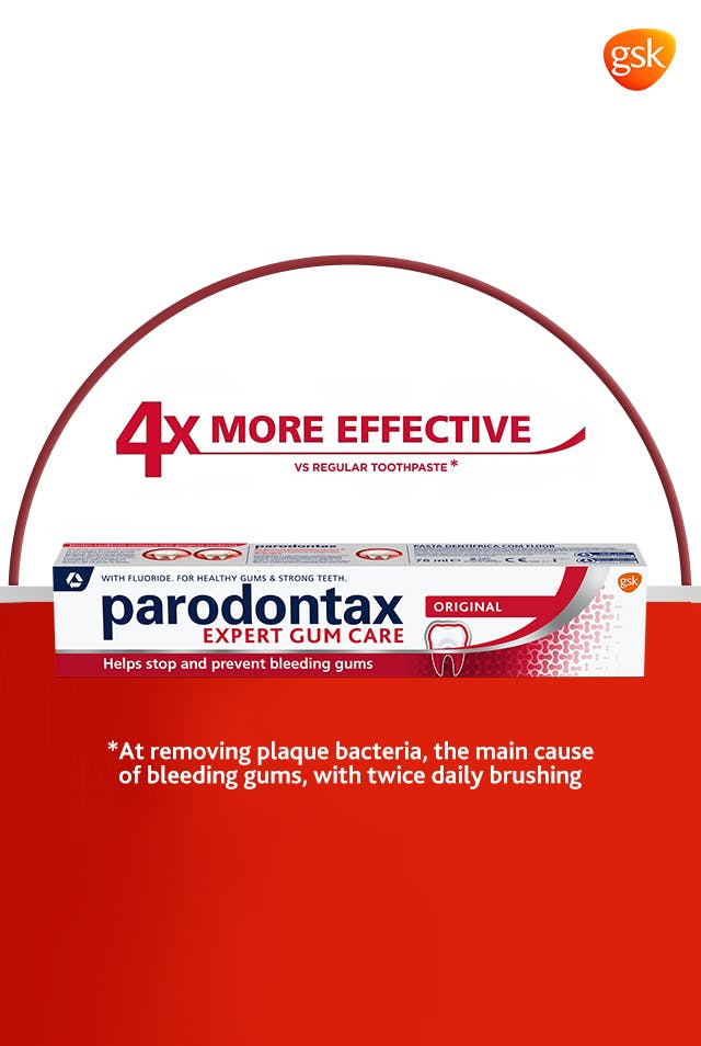4x More Effective* Vs regular toothpaste, *at removing plaque bacteria, the main cause of bleeding gums