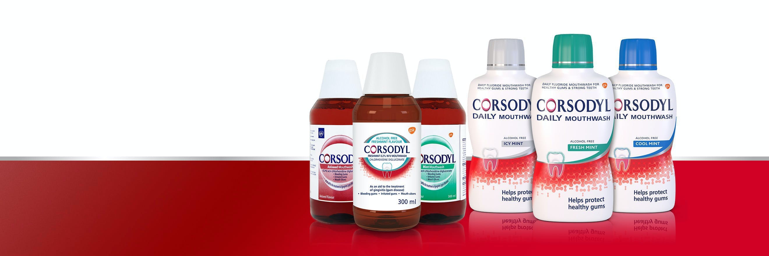 Six bottles of Corsodyl mouthwash and Corsodyl Daily Mouthwash, including original, alcohol free, and mint