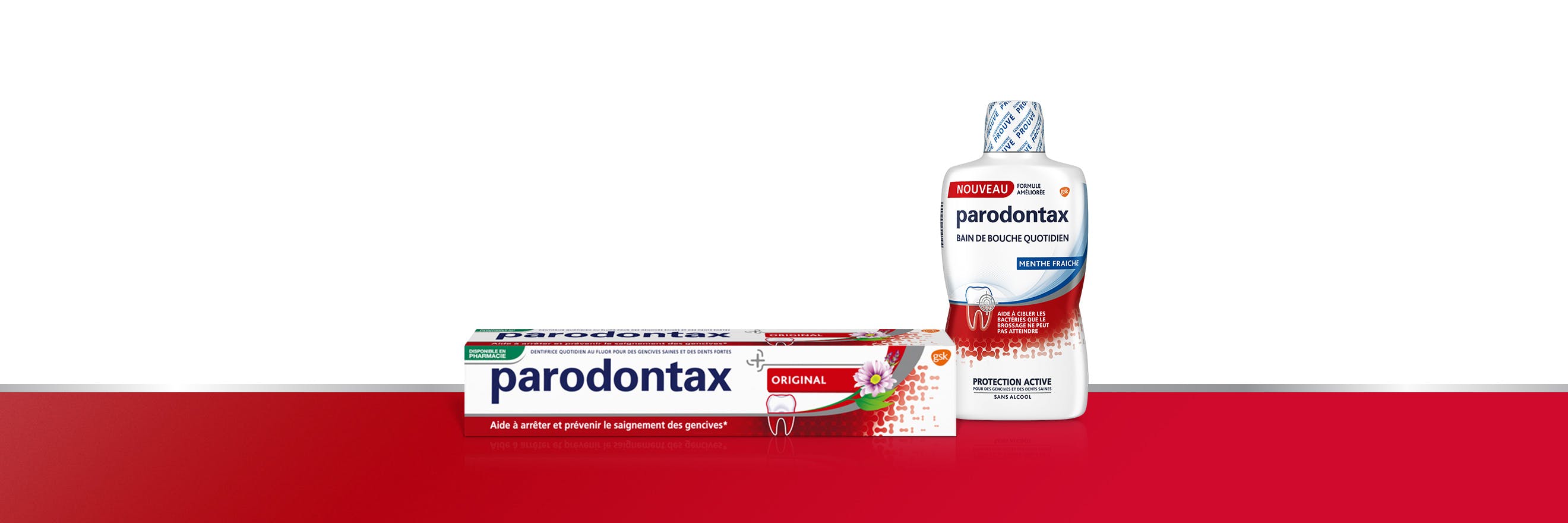 Gamme de dentifrices et bain de bouche parodontax pour aider à arrêter et prévenir le saignement occasionnel des gencives.