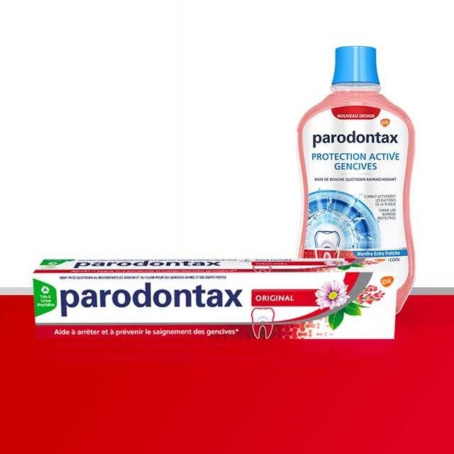 Gamme de dentifrices et bain de bouche parodontax pour aider à arrêter et prévenir le saignement occasionnel des gencives.