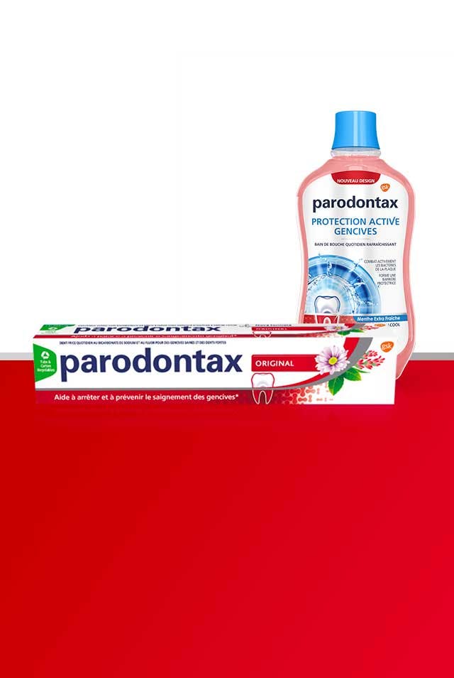 Gamme de dentifrices et bain de bouche parodontax pour aider à arrêter et prévenir le saignement occasionnel des gencives.