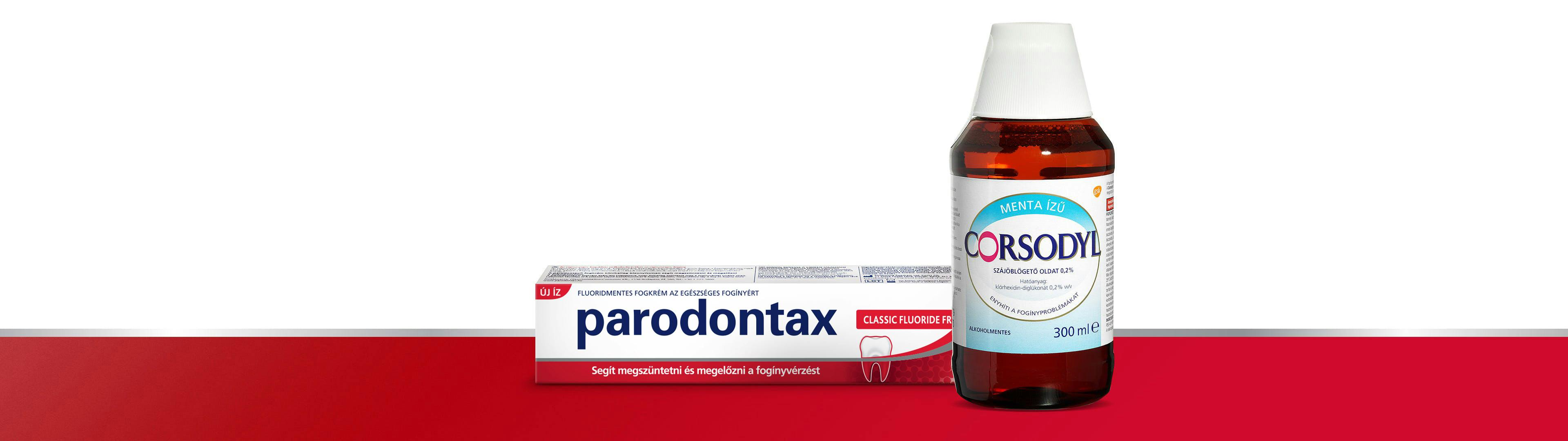parodontax Fluoride fluoridos fogkrém mindennapi használatra és alkoholmentes Corsodyl szájöblögető oldat