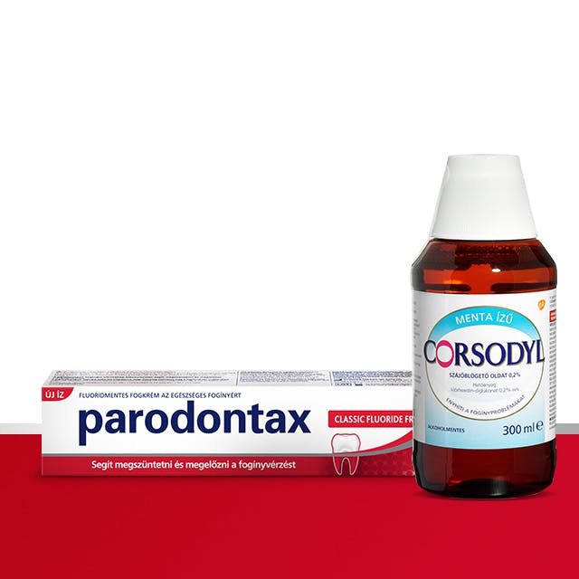 parodontax Fluoride fluoridos fogkrém mindennapi használatra és alkoholmentes Corsodyl szájöblögető oldat