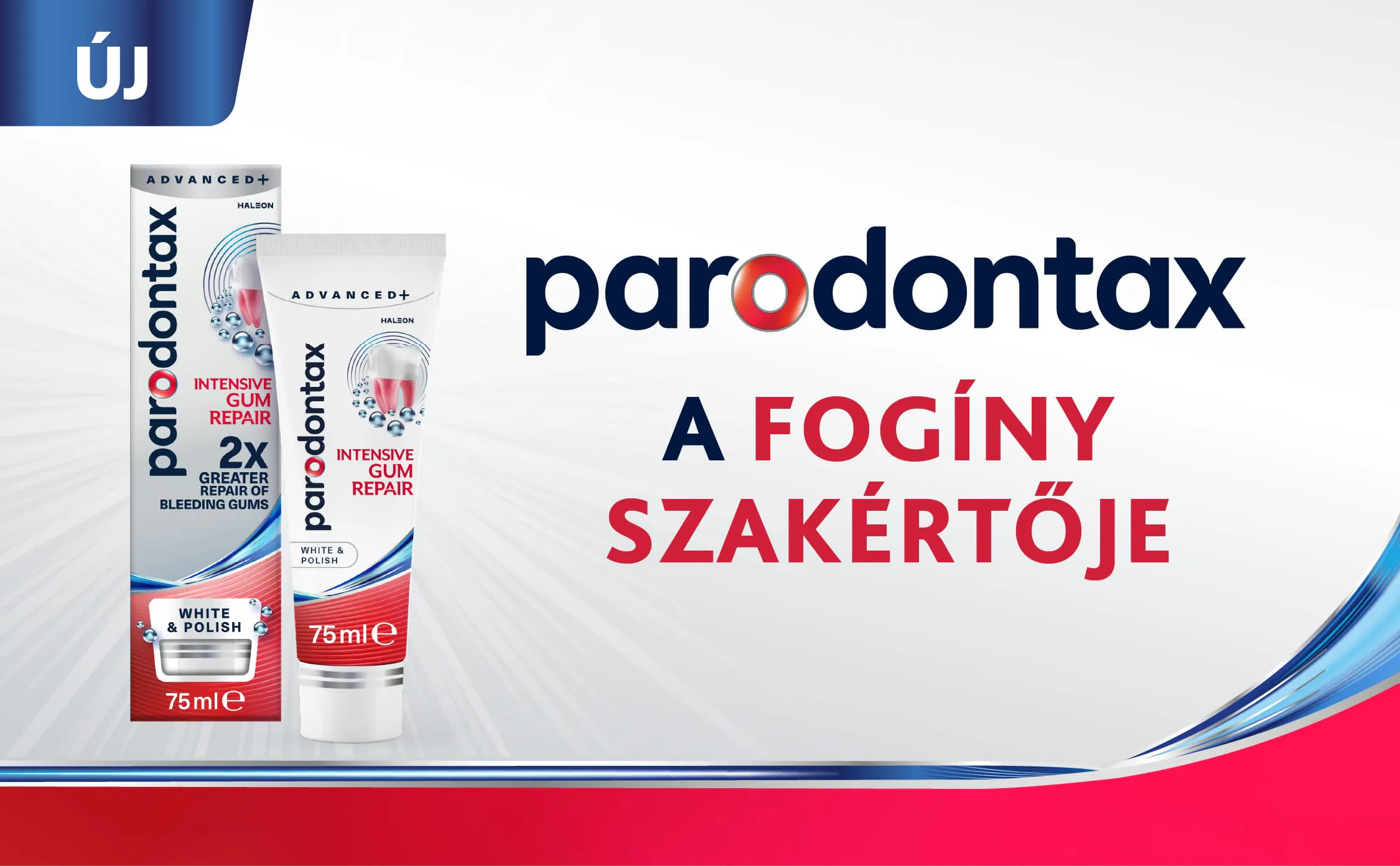 Parodontax Advanced+ White & Polish fogkrém csomagolása és tubusa fehér háttéren. A képen a Parodontax logó és a „A fogíny szakértője” üzenet látható.
