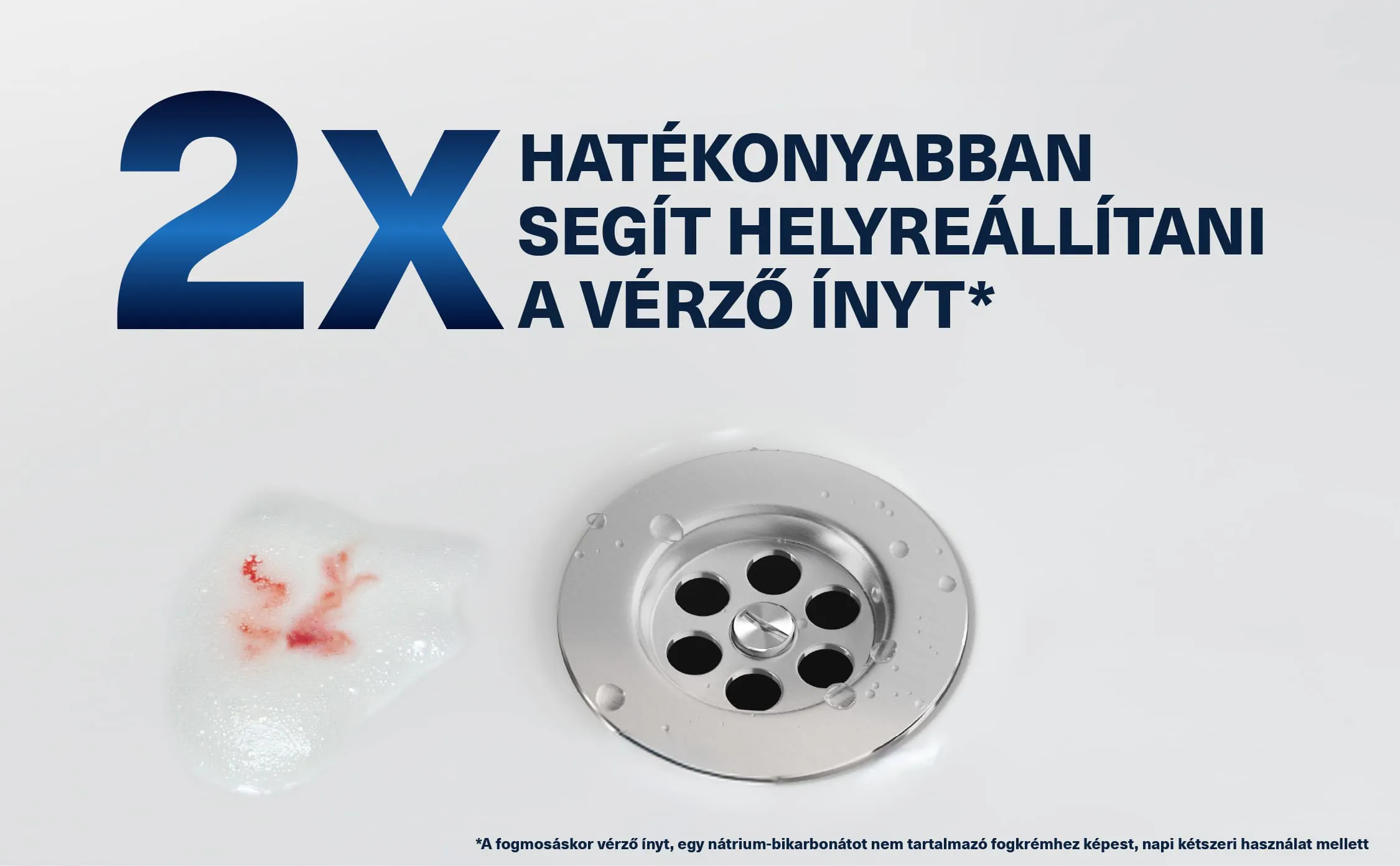 Reklámgrafika a Parodontax fogkrémről, amely azt állítja, hogy kétszer hatékonyabban segít helyreállítani a vérző ínyt. A képen egy habfolt vérnyomokkal és egy lefolyó látható fehér háttéren.
