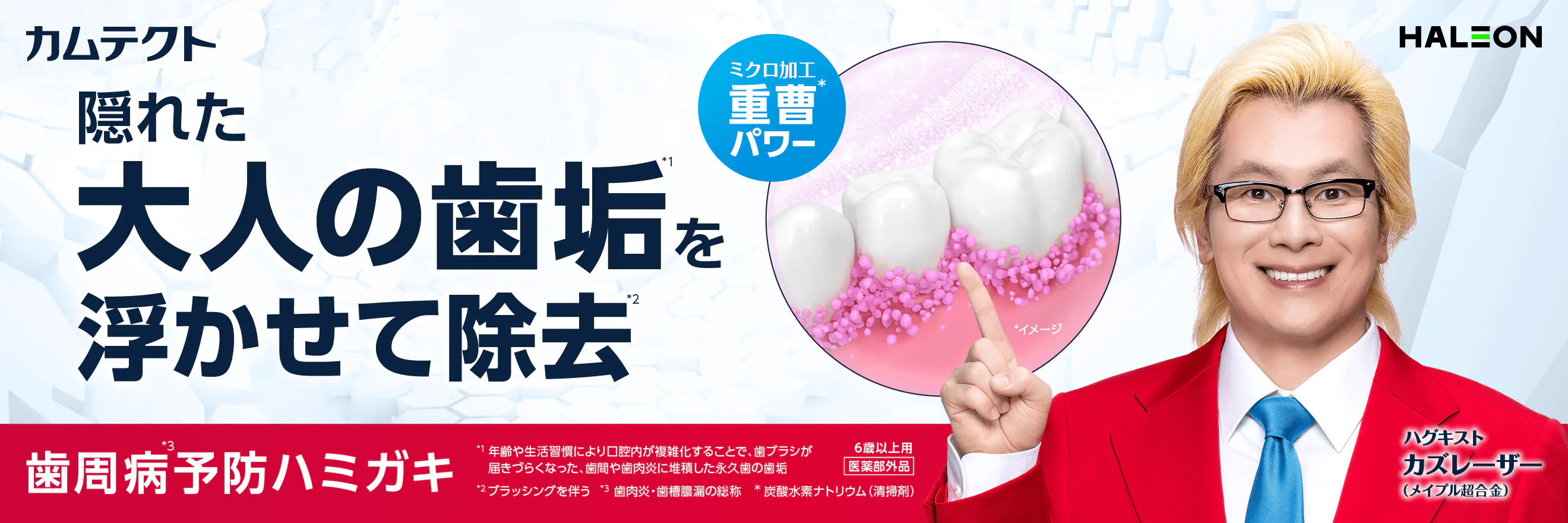 カムテクト史上初のプレミアム。カムテクト プレミアム 歯ぐきケア。歯垢除去パワー・歯ぐきに栄養。重曹処方＋ビタミンE（血行促進）
