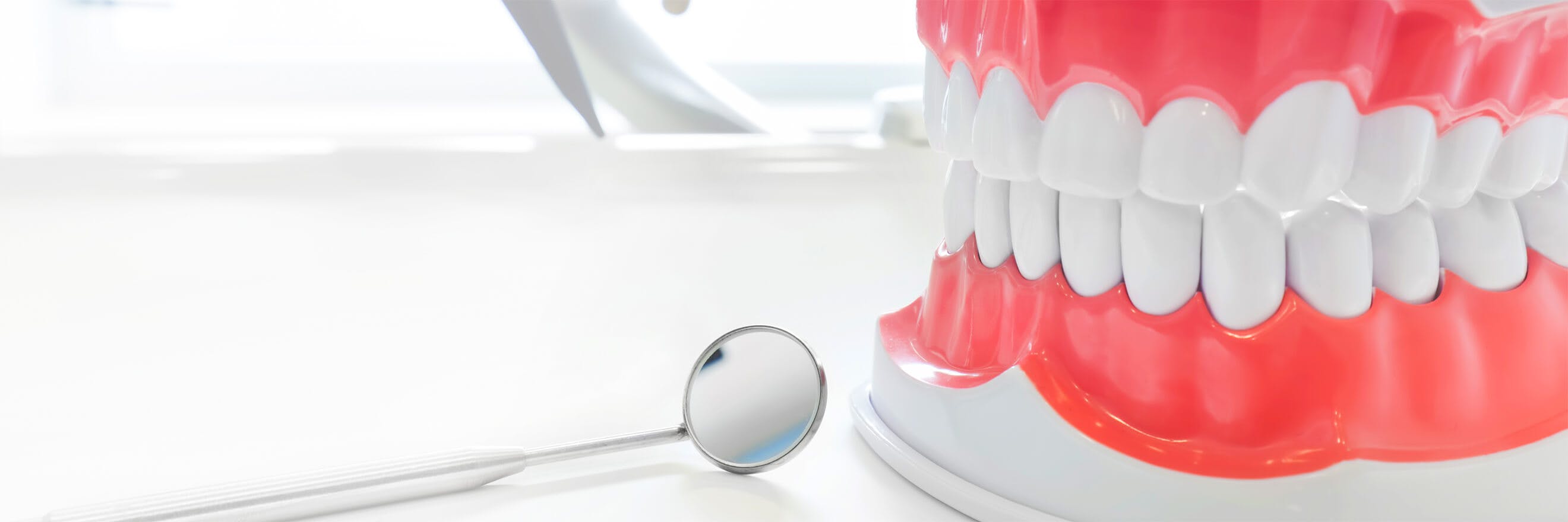 Set completo de una dentadura y un espejo material utilizado por los dentistas 
