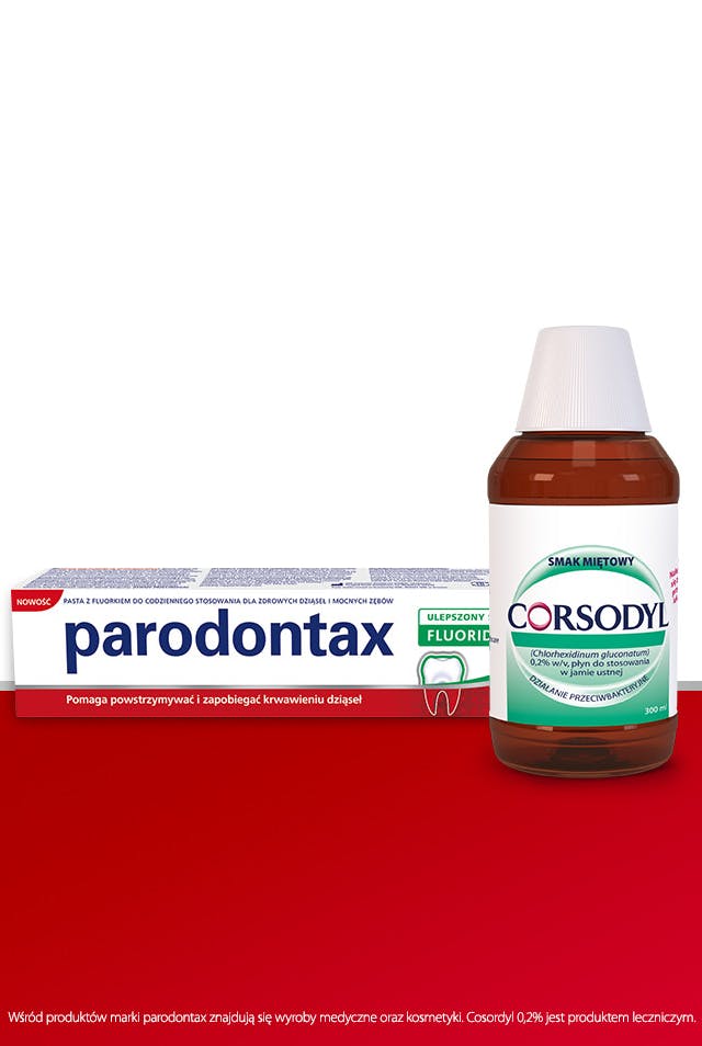 pasta do codziennego stosowania parodontax Fluoride oraz płyn do higieny jamy ustnej Corsodyl