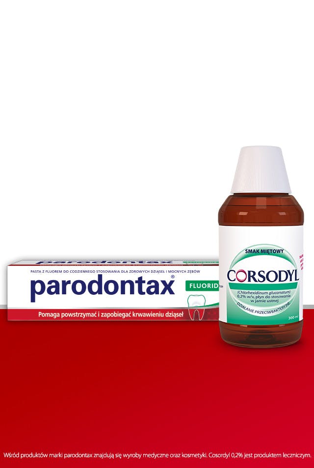 pasta do codziennego stosowania parodontax Fluoride oraz płyn do higieny jamy ustnej Corsodyl