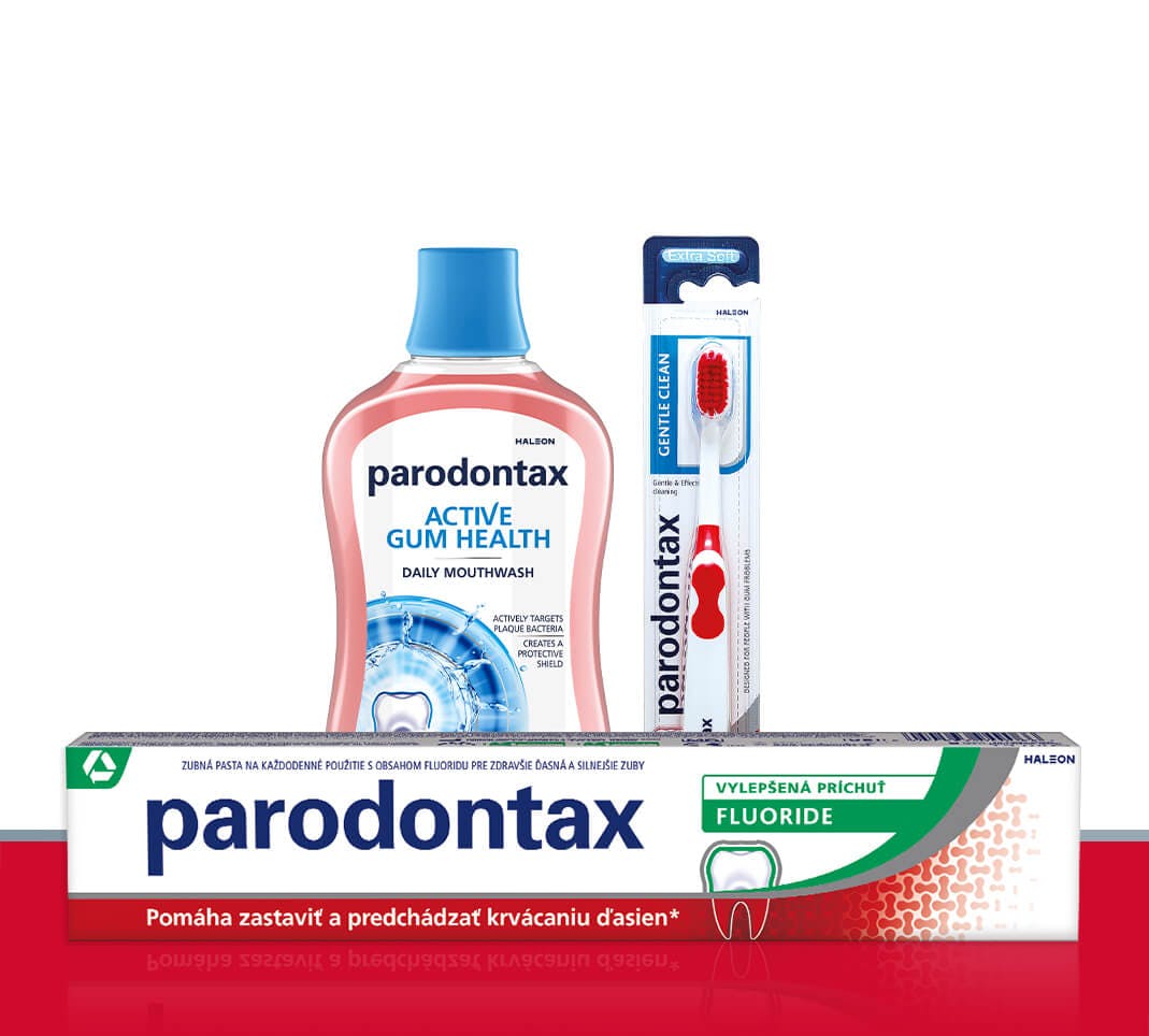parodontax Fluoride zubná pasta, parodontax Active Gum Health Extra Fresh ústna voda a parodontax Gentle Clean zubná kefka