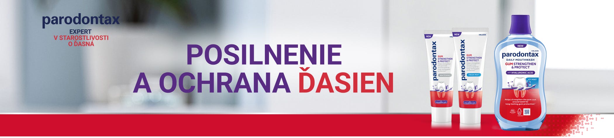 Zubné pasty parodontax Posilnenie a ochrana ďasien vo variante Whitening a Fresh Mint a ústna voda parodontax Posilnenie a ochrana ďasien Icy Mint 