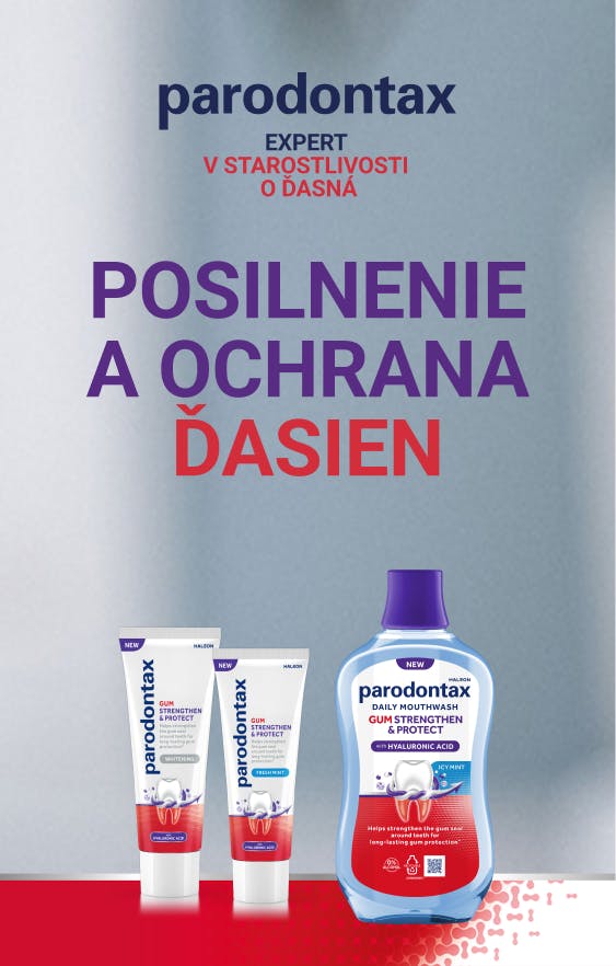 Zubné pasty parodontax Posilnenie a ochrana ďasien vo variante Whitening a Fresh Mint a ústna voda parodontax Posilnenie a ochrana ďasien Icy Mint 