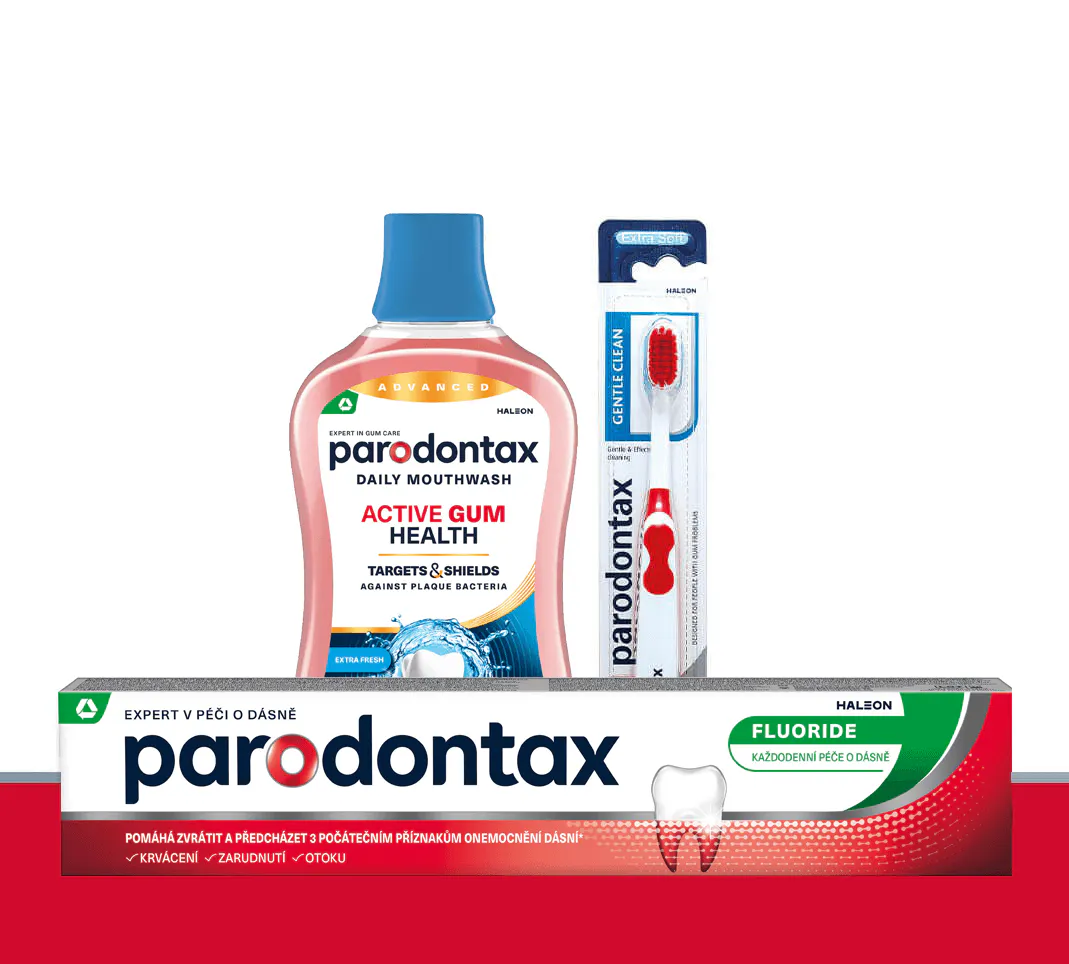 parodontax Fluoride zubná pasta, parodontax Active Gum Health Extra Fresh ústna voda a parodontax Gentle Clean zubná kefka
