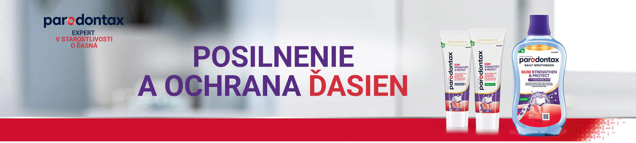 Zubné pasty parodontax Posilnenie a ochrana ďasien vo variante Whitening a Fresh Mint a ústna voda parodontax Posilnenie a ochrana ďasien Icy Mint 