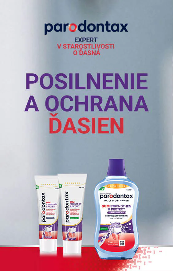 Zubné pasty parodontax Posilnenie a ochrana ďasien vo variante Whitening a Fresh Mint a ústna voda parodontax Posilnenie a ochrana ďasien Icy Mint 