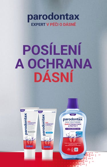 Zubní pasty parodontax Posílení a ochrana dásní ve variantě Whitening a Fresh Mint a ústní voda Posílení a ochrana dásní Icy Mint 