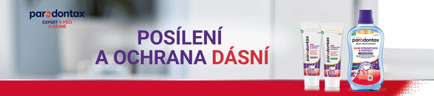 Zubní pasty parodontax Posílení a ochrana dásní ve variantě Whitening a Fresh Mint a ústní voda Posílení a ochrana dásní Icy Mint 