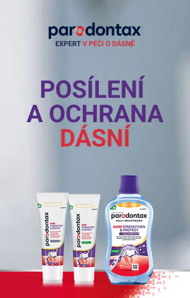 Zubní pasty parodontax Posílení a ochrana dásní ve variantě Whitening a Fresh Mint a ústní voda Posílení a ochrana dásní Icy Mint 