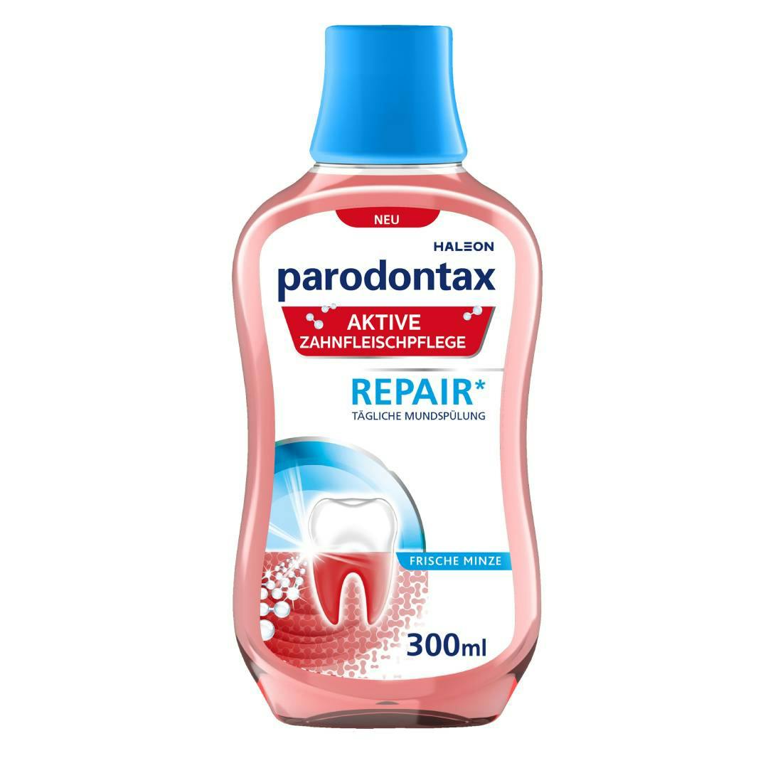Bild einer pardontax Aktive Zahnfleischpflege Repair Mundspülung Verpackung auf weißem Hintergrund 