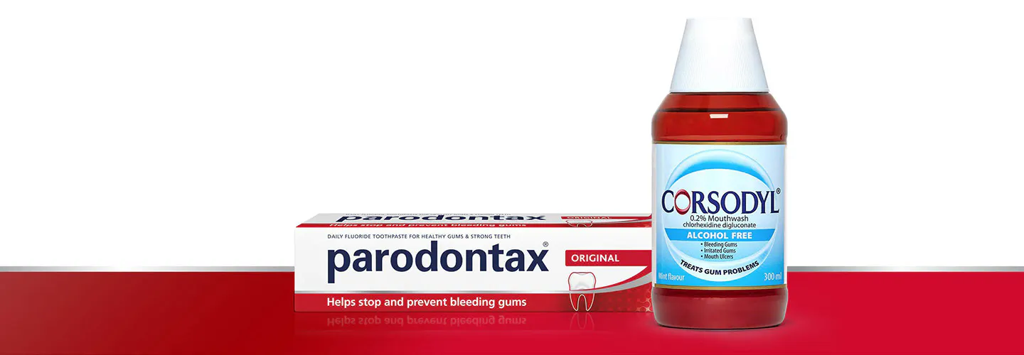 parodontax Daily Original toothpaste and Corsodyl Intensive Treatment alcohol free mouthwash
