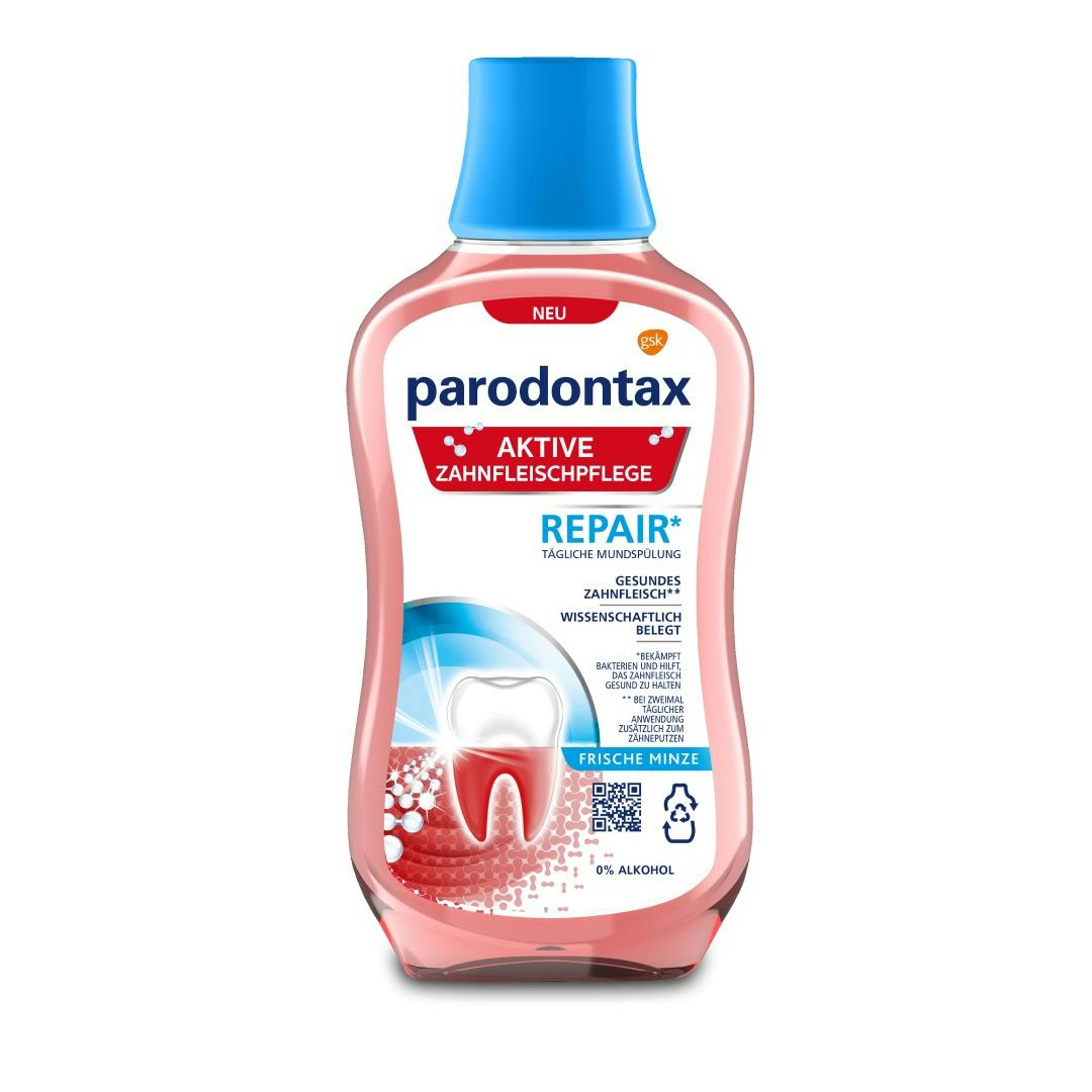Bild einer pardontax Aktive Zahnfleischpflege Repair Mundspülung Verpackung auf weißem Hintergrund