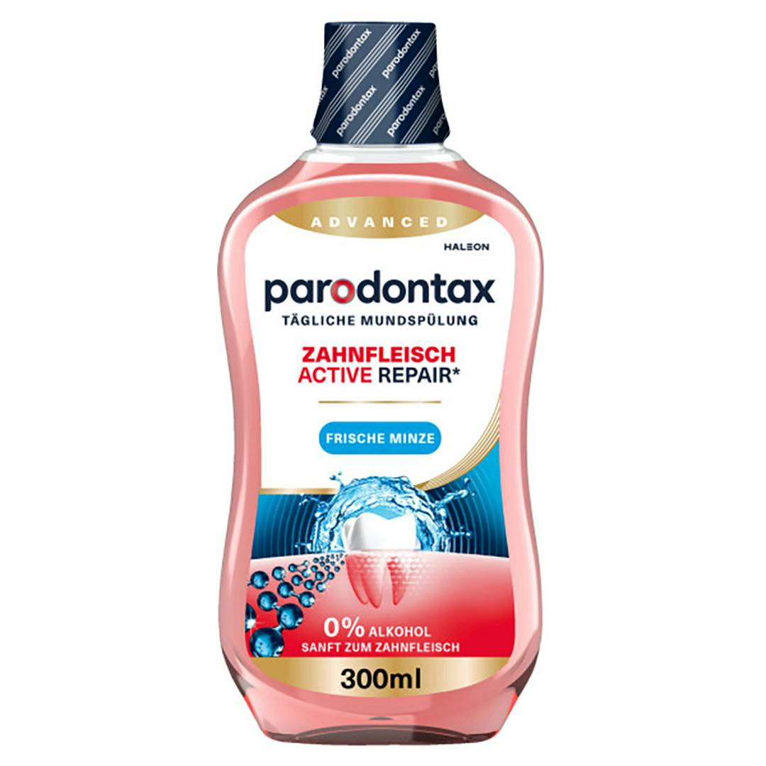 Bild einer pardontax Aktive Zahnfleischpflege Repair Mundspülung Verpackung auf weißem Hintergrund 