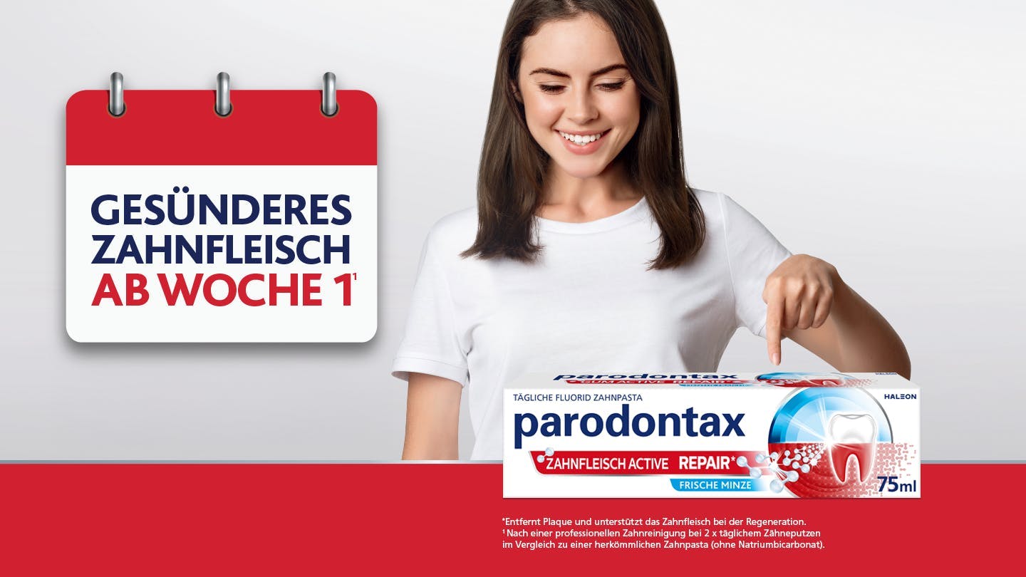 Bild einer lächelnden, brünetten Frau, die mit dem Zeigefinger auf die parodontax Active Repair Zahnpasta und Mundspülung zeigt. 