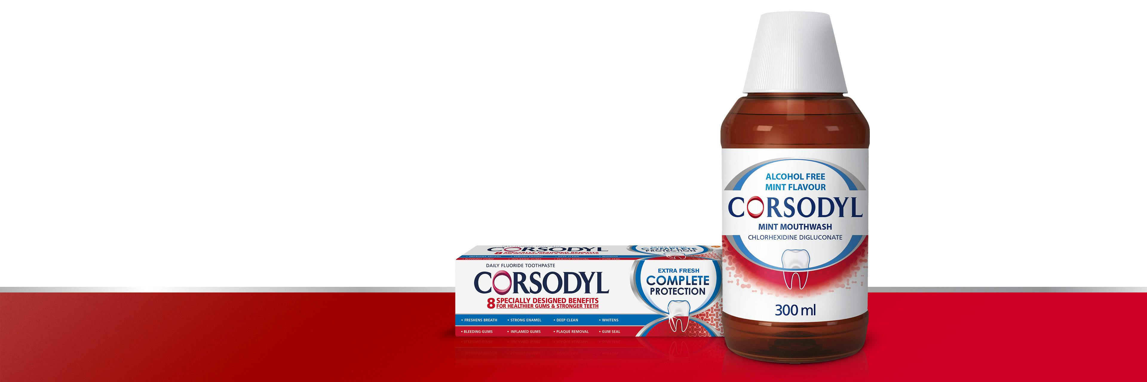 parodontax Daily Original toothpaste and Corsodyl Intensive Treatment alcohol free mouthwash
