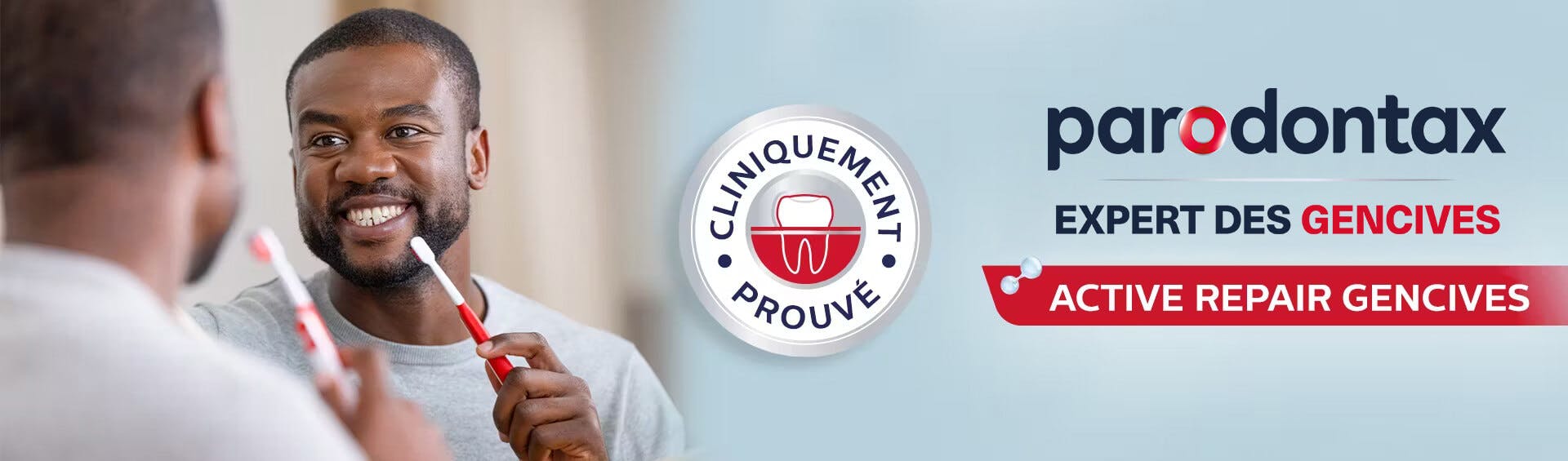 Homme se brossant les dents  - Cliniquement prouvé logo - parodontax Active Repair Gencives logo
