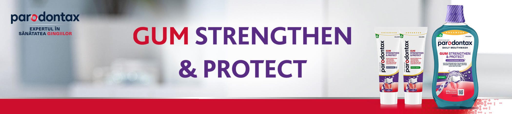 Pastele de dinți parodontax Gum Strengthen & Protect Fresh Mint, parodontax Gum Strengthen & Protect Whitening și apa de gură parodontax Gum Strengthen & Protect Icy Mint 