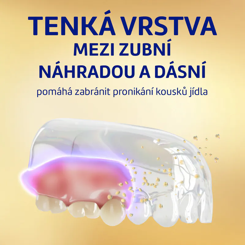Tenká vrstva mezi zubní náhradou a dásní pomáhá zabránit pronikání kousko jídla