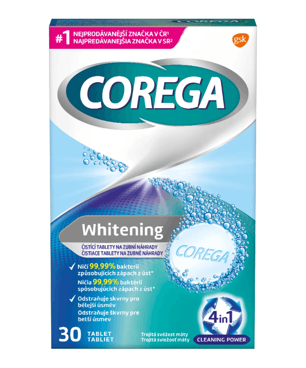 Corega® Whitening antibakteriální čisticí tablety na zubní náhrady.