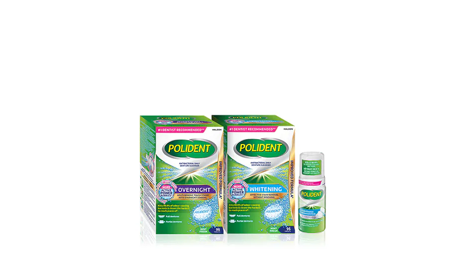 Suite of Polident Denture Cleanser products