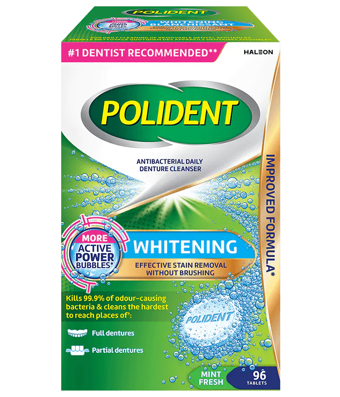 96 Tablet Box of Polident Whitening Daily Cleanser Triple Mint Flavour