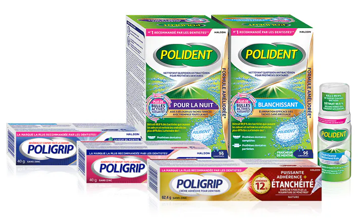 Produits pour prothèses dentaires Polident et Poligrip