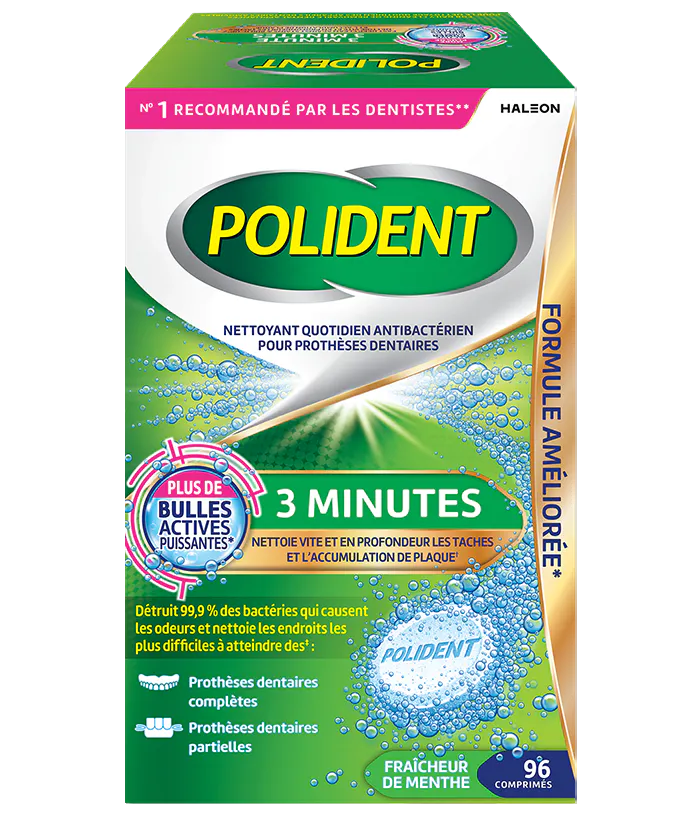 Boîte de 96 comprimés Nettoyant quotidien Polident 3 minutes Fraîcheur de menthe 
