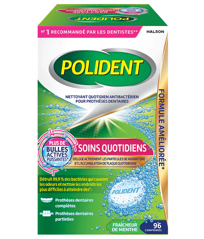 Boîte de 96 comprimés Nettoyant quotidien Polident Soins quotidiens Fraîcheur de menthe 