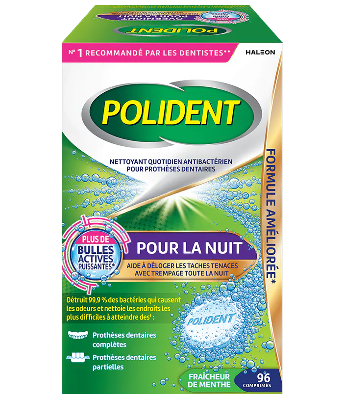 Boîte de 96 comprimés Nettoyant quotidien Polident pour la nuit Fraîcheur de menthe 