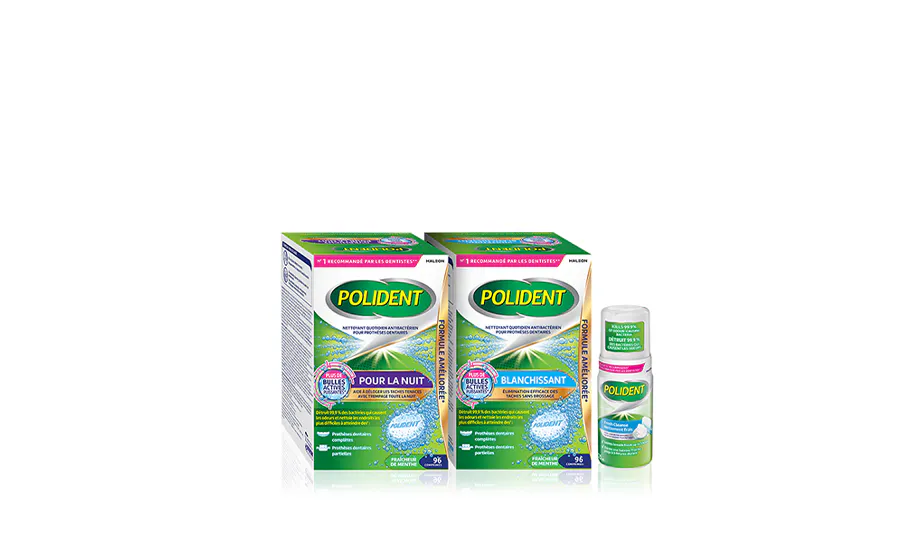 Gamme de produits nettoyants pour prothèses dentaires Polident