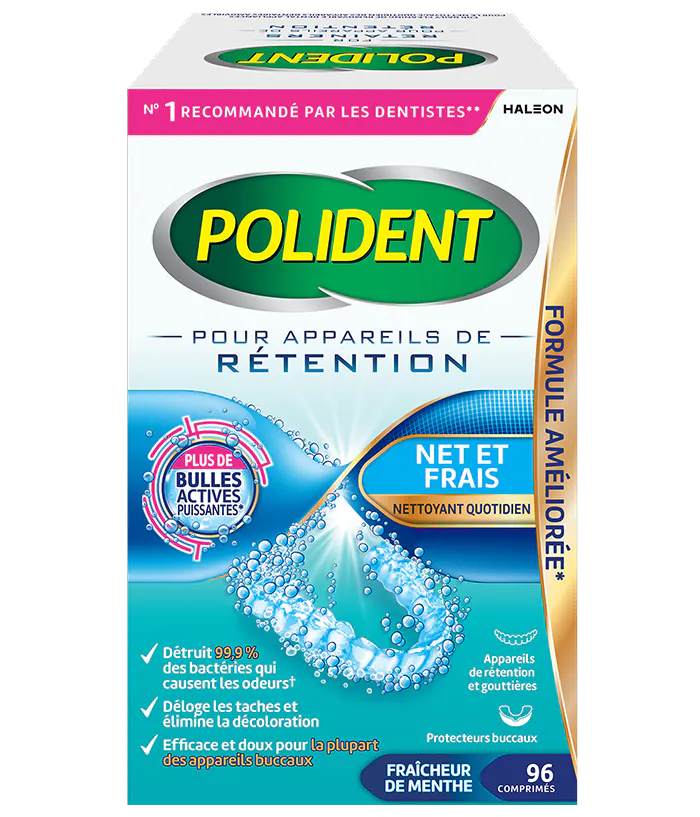 Boîte de 96 comprimés Nettoyant quotidien Polident pour appareils de rétention Fraîcheur de menthe 