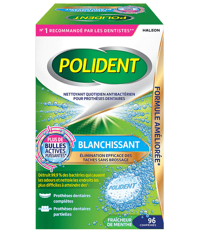 Boîte de 96 comprimés Nettoyant quotidien Polident Blanchissant Fraîcheur de menthe triple