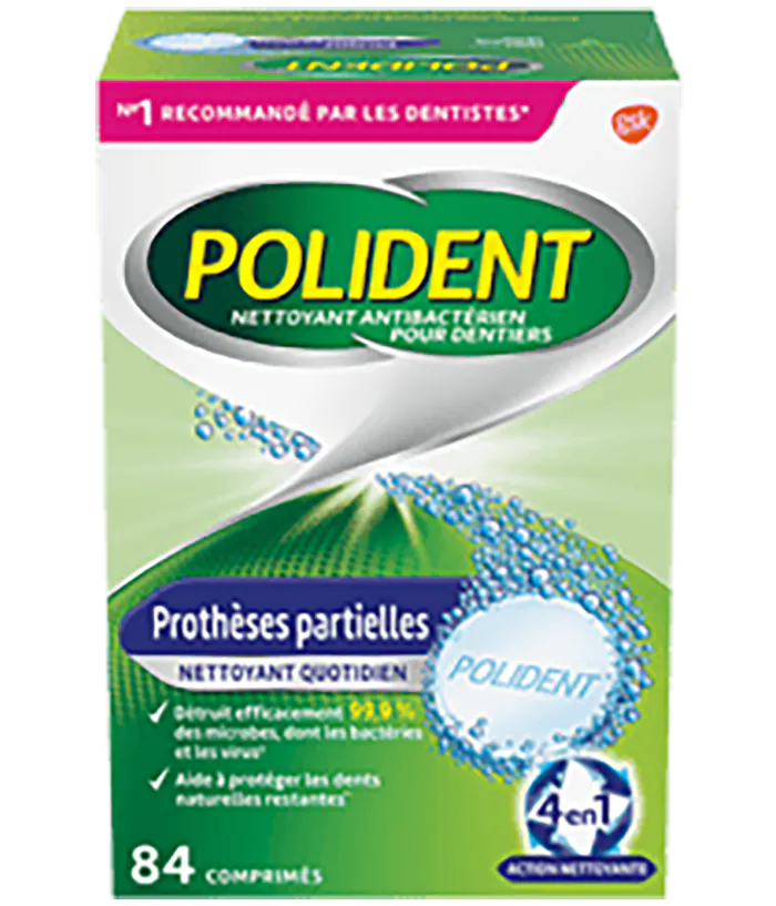 Boîte de 32 comprimés Nettoyant quotidien Polident pour prothèses partielles Fraîcheur de menthe triple
