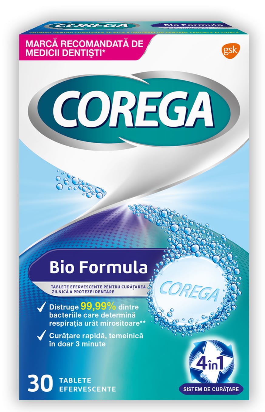 COREGA® Bio Formula  - tablete efervescente cu efect  antibacterian de curăţare a protezei dentare