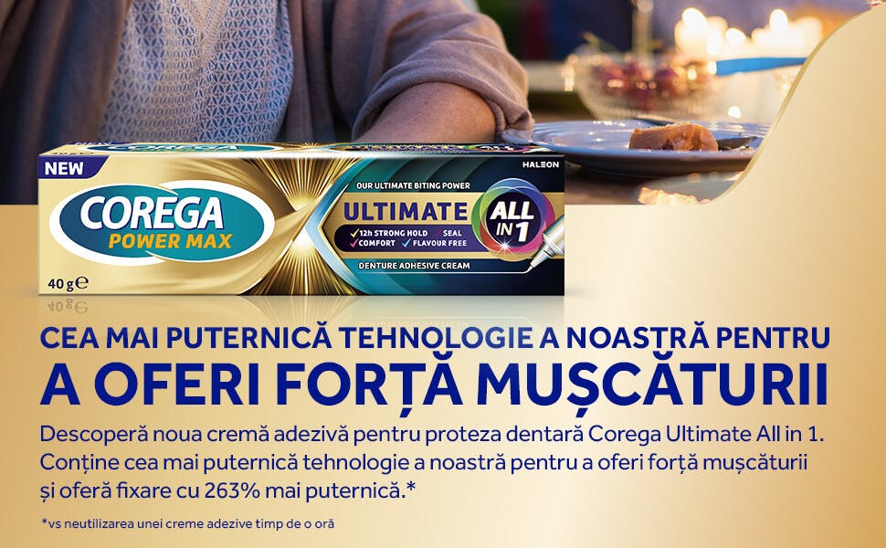 Imagine despre noua cremă adezivă Corega Ultimate All in 1